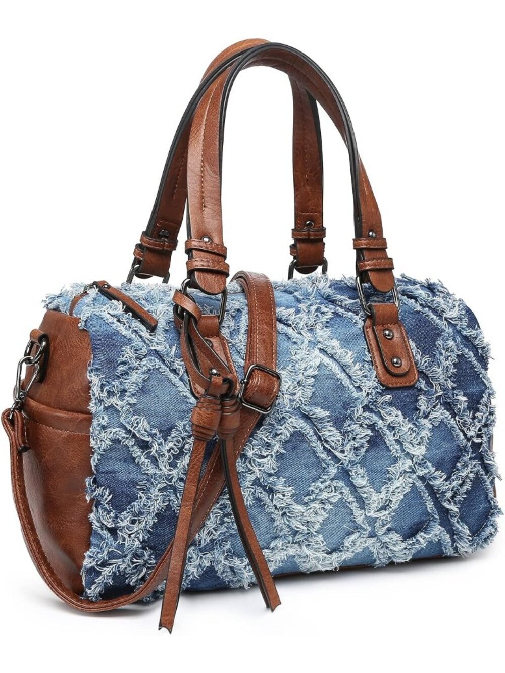 Women's Denim Blue Leather Zipper Top Handle Totes Satchel Hobo Handbags